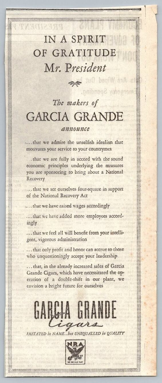 1933 Garcia Grande Cigars NRA New Deal Newspaper Print Ad
